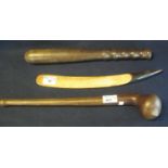 Items of treen to include; moulded and painted wooden knife, short knopkerry and a turned wooden