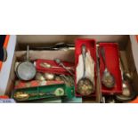 Box of assorted mainly plated cutlery, spoons, thimble, similar items. (B.P. 24% incl. VAT)