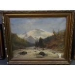 J.B Noel (19th Century British), Alpine scene with snow topped mountain and raging river, signed,