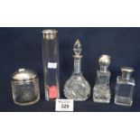 Collection of five silver topped glass jars and bottles, scent bottles, hat pins etc. (5) (B.P.