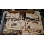 Tray of all world stamps in three small books, covers, GB first Day covers, mint issues on cards etc