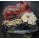 Box of vintage wool blankets and throws to include; two pink ground check blankets, one cream throw,