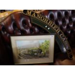 Leonard Oram (20th Century), a steam locomotive study 'Manorbier Castle', signed, watercolours. 26 x