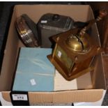 Box of assorted items to include; English beaten pewter teapot, silver plated coaster, brass