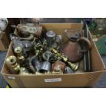 Box of assorted metalware, various to include; Middle Eastern design teapot or water jug, brass