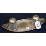 Silver boat shaped pierced and engraved inkstand with two hobnail glass bottles having hinged