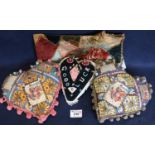 Three embroidered and beaded probably First World War period sweethearts heart shaped cushions,