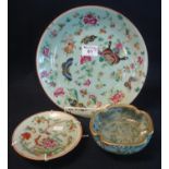 Canton porcelain plate decorated in enamels with butterflies and insects, together with another