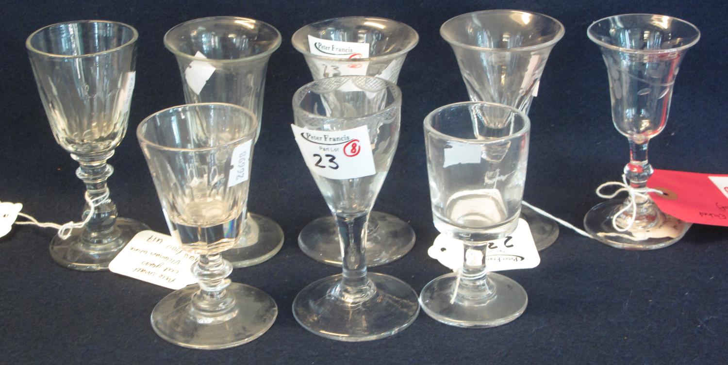 A collection of small Georgian wine glasses of etched, conical and other forms. (8) (B.P. 24%