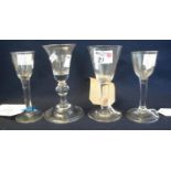 Three Georgian plain stem wine glasses, together with another Georgian wine glass with clear glass