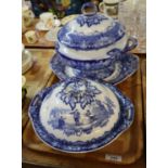 Watteau Doulton blue and white transfer printed two handled tureen and cover on stand, together with
