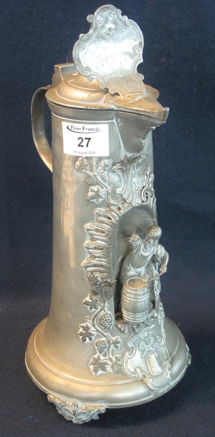 19th c German pewter flagon with hinged cover decorated with a figure of a cooper at work with a