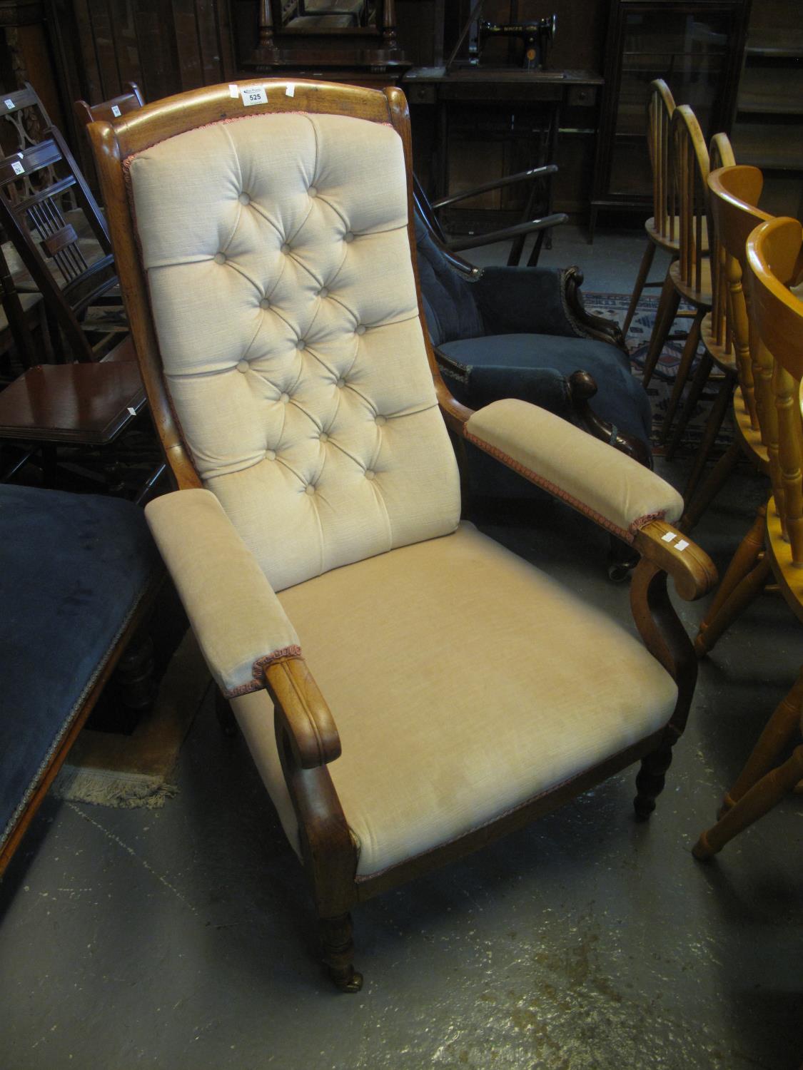 Late Victorian mahogany framed button back upholstered fireside open armchair. (B.P. 24% incl. VAT)