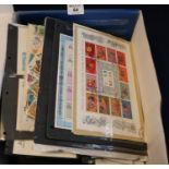 Blue box with all world selection of stamps on pages, in packets, covers etc many 100's
