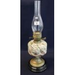 Early 20th Century double oil burner lamp with clear glass chimney and marble reservoir standing