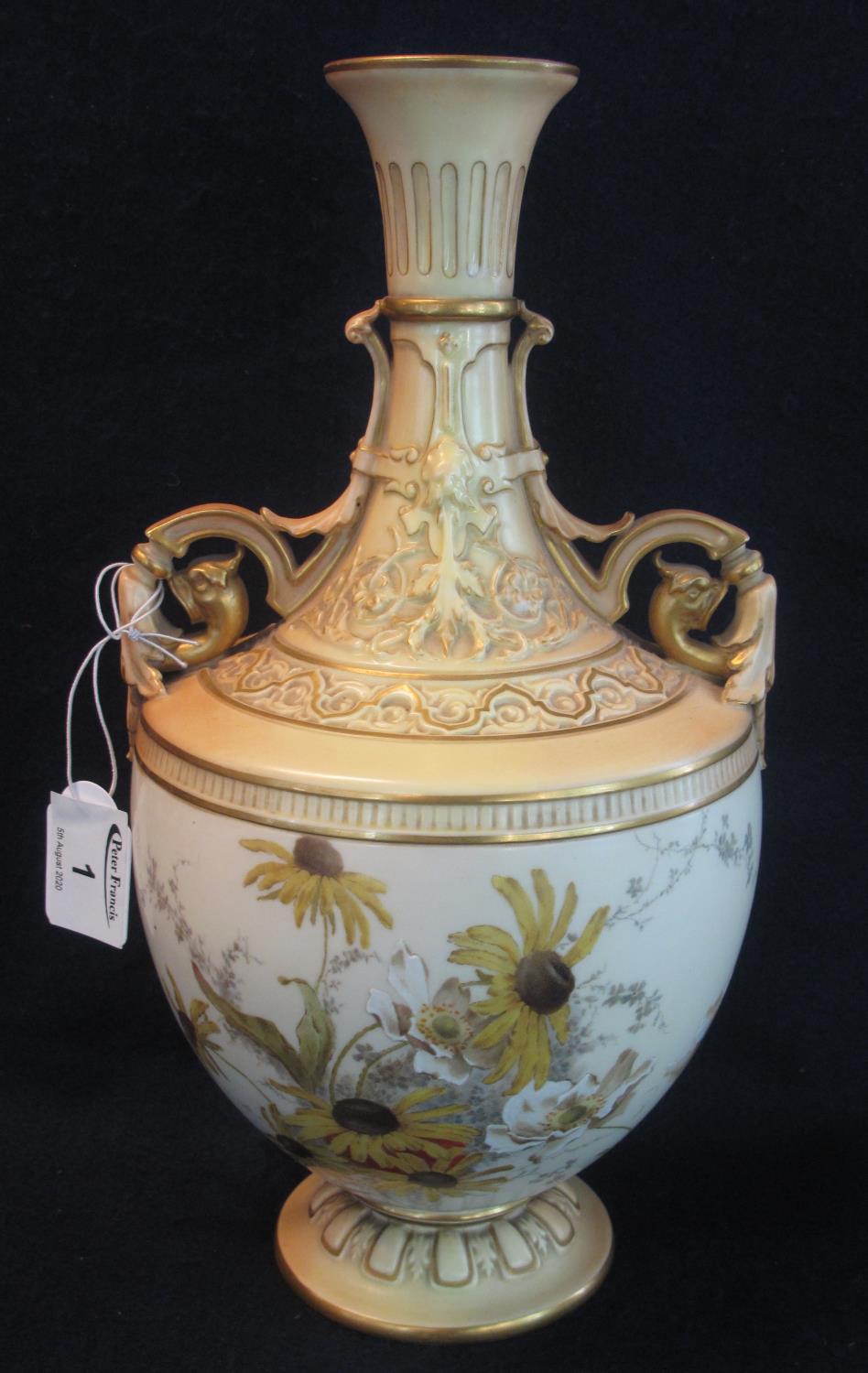 Royal Worcester blush ivory two handled vase of baluster form decorated with hand painted floral