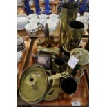 Tray of assorted brassware to include; trench art shell cases, modern miner's safety lamp, various