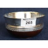Silver mounted wooden mazer hardwood bowl, 12cm diameter. Sheffield hallmarks with makers initials