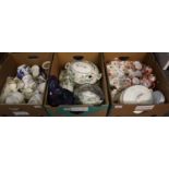 Three boxes of china and glassware to include; Japanese eggshell teaware, crescent ware dragon