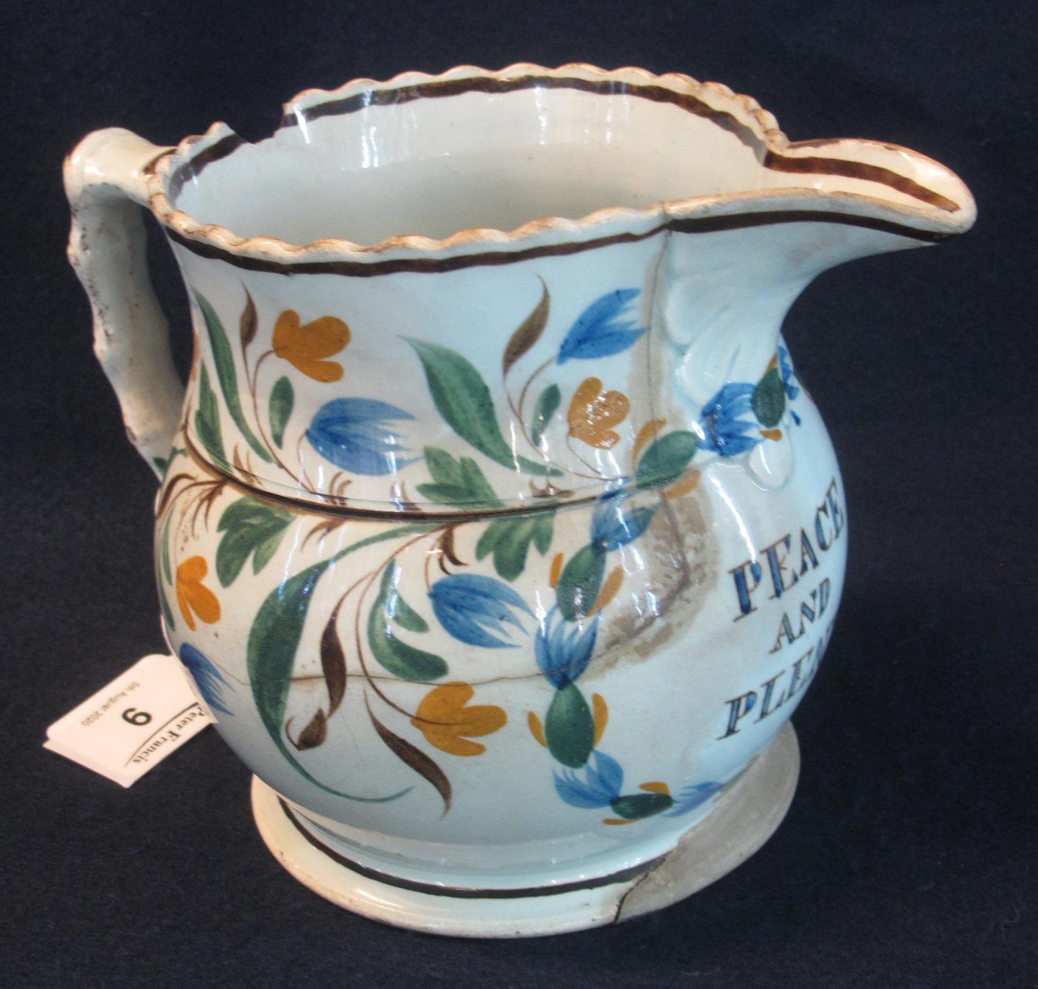 Late 18th/early 19th Century pearlware jug of baluster form, 'Peace and Plenty' with hand painted
