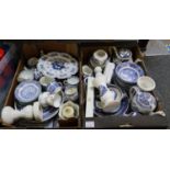 Two boxes of assorted china to include; blue and white dinnerware and teaware items, wall clock,