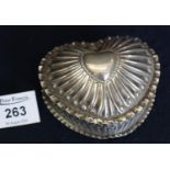 Silver heart shaped box and cover, overall with gadroon repousse scrollwork. Victorian with London