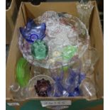 Box of assorted clear and coloured glass items, various to include; cake stand and pedestal bowls,