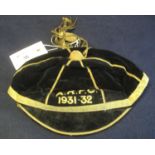 1930's probably Welsh schools rugby football cap marked ARFC, dated 1931-32, having gold braiding to