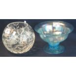 Heavy unmarked lead crystal foliate bowl of globular form, together with a blue iridescent