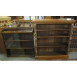 Late Victorian oak carved open bookcase with mask and foliate mounts, together with a Mid Century