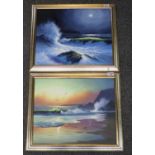 R Long (20th Century), beach scenes with breaking surf, pair, signed, oils on canvas. 40 x 50cm