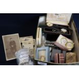 Box of assorted items to include; costume jewellery, odd items of cutlery, small scale photographs