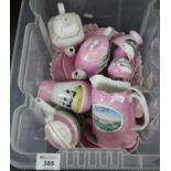 Box of continental pink ground souvenir ware, jugs, miniature teapots, cabinet plates etc. (B.P. 24%