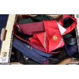 A collection of rugby orientated gentleman's ties, odd militaria items, football club ties, Welsh
