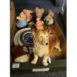 Box of assorted items to include; a set of five Wade Natwest piggy banks, Melbaware ceramic study of