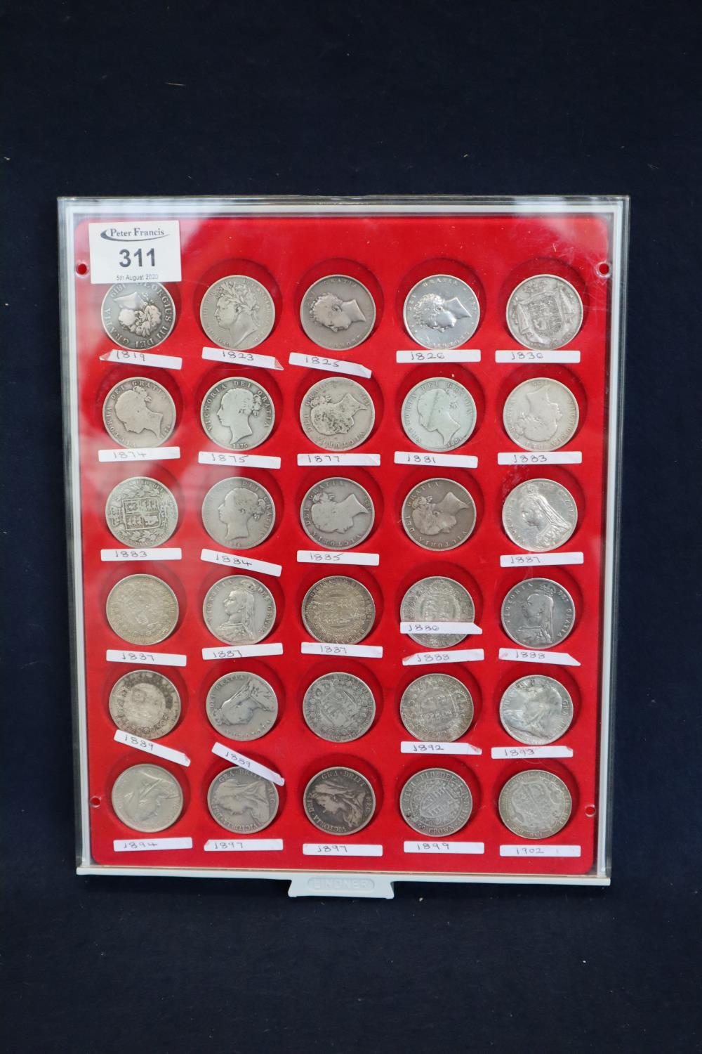 Tray of GB half crowns 1819-1902. In Lindner perspex covered display tray. (30) (B.P. 24% incl. VAT)