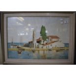 Robert Simmons, Greek island scene with tourists, church and boat, signed and dated '74,