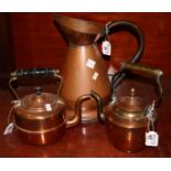 Vintage copper conical shaped jug, together with two similar copper and brass teapots. (3) (B.P. 24%