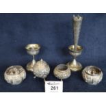 Collection of Indian silver items to include; pair of napkin rings, pepper pot, small open salt,