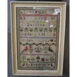 19th Century tapestry sampler by M.J Evans dated 1874. 50 x 34cm approx, framed and glazed. (B.P.