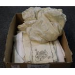 Box of assorted textiles to include; silk and lace christening gown, various embroidered linen