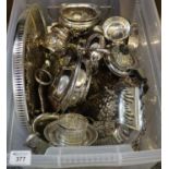 Box of silver plate, various to include; teaware, coasters, salvers, two handled bowls etc. (B.P.