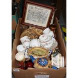 Box of assorted china to include; Crown china floral teaware, relief moulded floral plaque, blue and