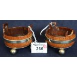 Unusual pair of metal mounted coopered oak open two handled salts. (2) (B.P. 24% incl. VAT)