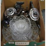 Box of assorted items, various to include; glass bowls and jugs, pair of spelter figurines, silver