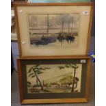 D Kirkman, moored sailing dinghies, signed, watercolours. 25 x 35cm approx. Together with a study of