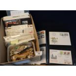 Box with all world selection of stamps in old album and various in packets, covers, few packs and