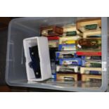 Plastic box containing promotional diecast vehicles in original boxes, Matchbox models of