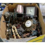 Box of assorted items to include; modern lantern type clocks marked Swiza, Smith's bakelite mantel