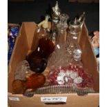 Box of assorted glassware various to include; silver plated claret jug, decanters, soda syphon,